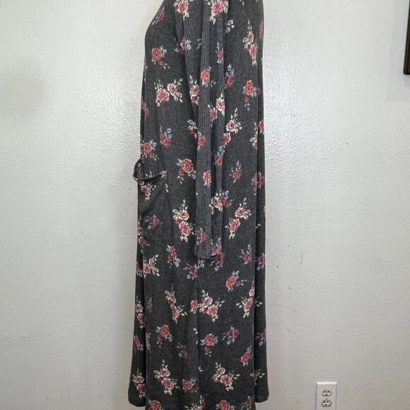 LuLaRoe Sarah Duster Cardigan Size S Small Gray Multicolor Floral Print Ribbed - Picture 2 of 6